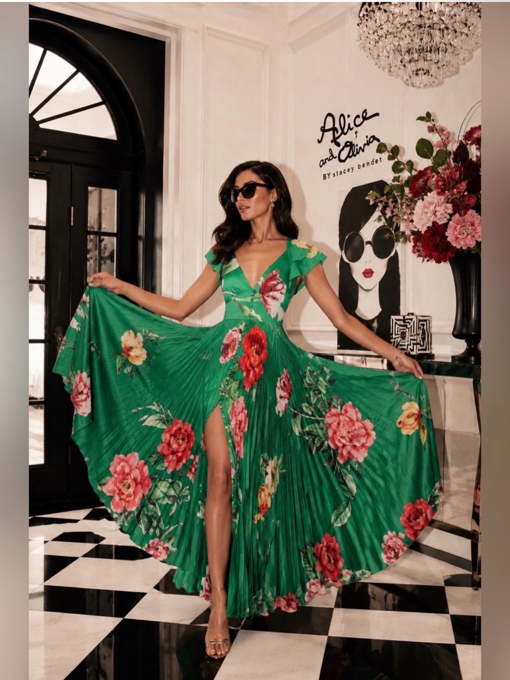 Alice + Olivia Green Floral Pleated Maxi Dress Size 0 Retail $795 NWT